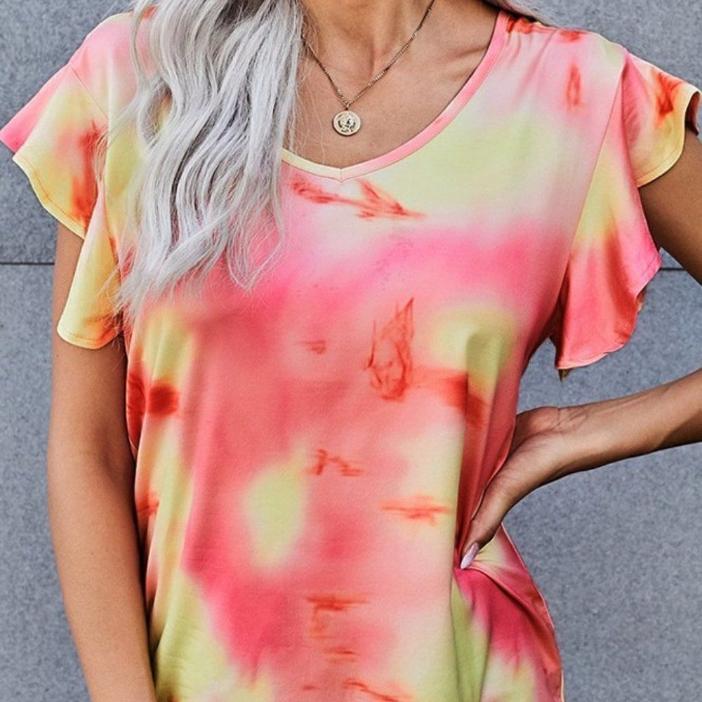 NWT Tie-dye Print Ruffled Sleeves T-shirt